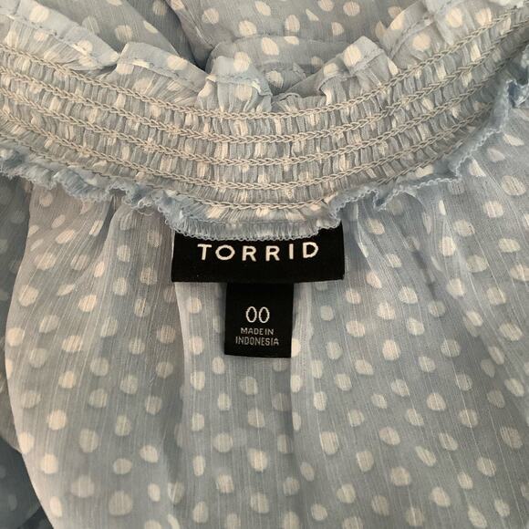 Torrid Light Blue White Polka Dot Semi Sheer Long Sleeve Top 10 - Picture 8 of 10